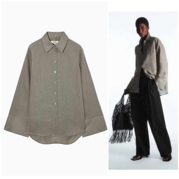 COS Wide-Sleeved Linen Shirt Button-Up in Stone Oversized Minimalist size 14 - Picture 1 of 14